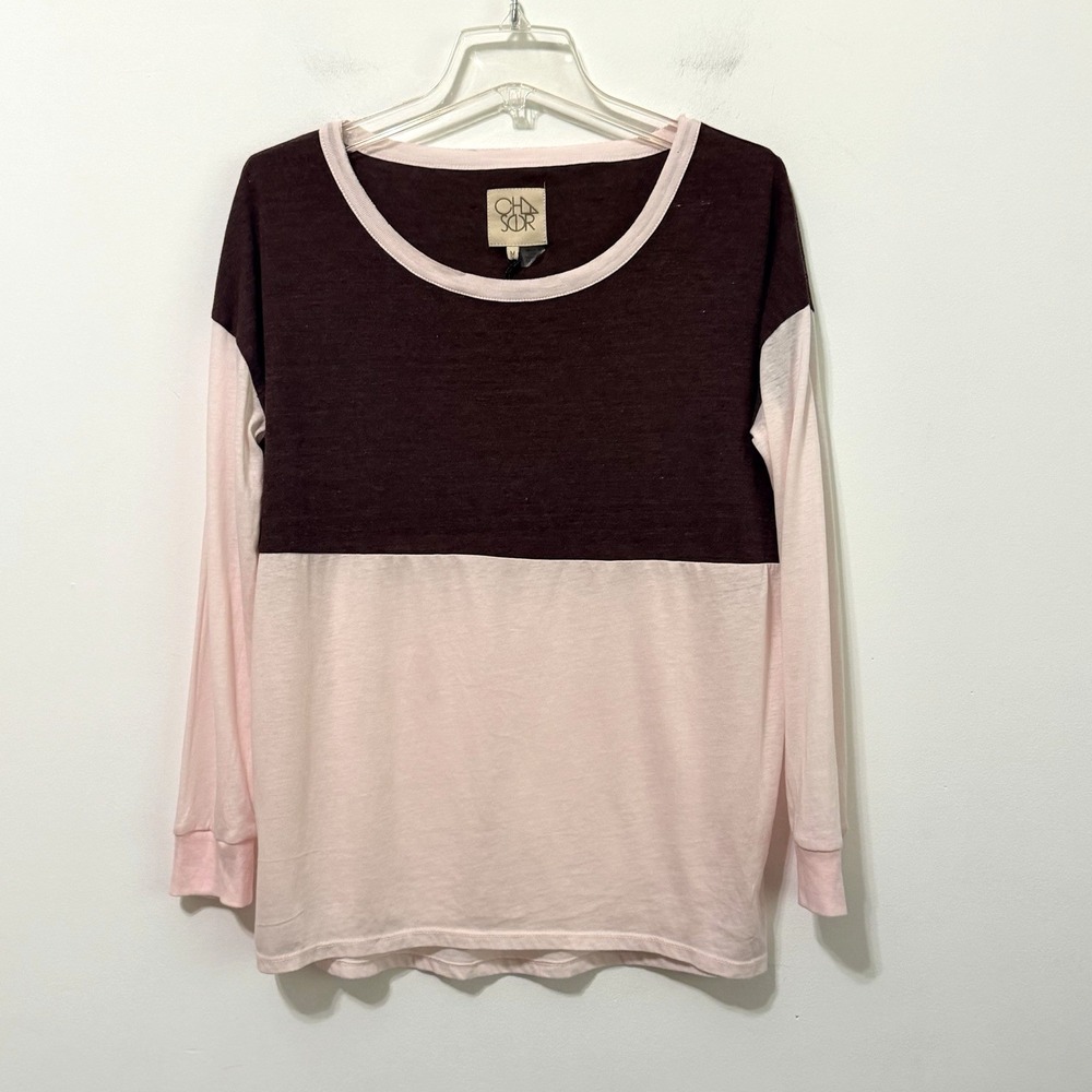 Chaser Blocked Jersey Tee Shirt M Pink Mulberry Thin Long Sleeve Relax NEW